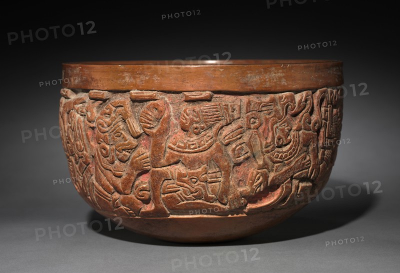 Bowl, c. 500-1000. Mexico, South-central Veracruz. Molded, carved, and burnished pottery; diameter: 17.8 cm (7 in.); overall: 11 x 18 cm (4 5/16 x 7 1/16 in.).