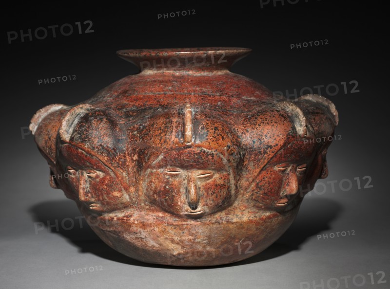Vessel with Crested Heads, 200 BC-AD 300. West Mexico, Colima, Comala style (200 BC-AD 300). Earthenware with colored slip, black burial deposits; diameter: 22.2 x 32.8 cm (8 3/4 x 12 15/16 in.); overall: 22.2 cm (8 3/4 in.).