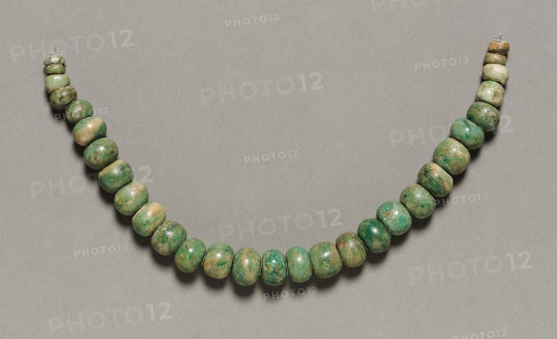 Necklace and Nose Ornament, 150-200. Central Mexico, Teotihuacán, Classic Period. Jadeite-albitite?, gold; overall: 40.3 cm (15 7/8 in.); each bead: 2 cm (13/16 in.).