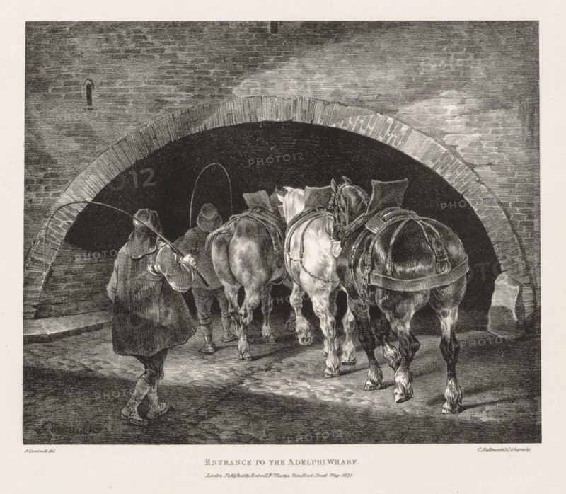 Various Subjects Drawn from Life and on Stone:  Entrance to Adelphi Wharf, 1821. Théodore Géricault (French, 1791-1824). Lithograph; sheet: 38 x 56 cm (14 15/16 x 22 1/16 in.); image: 25.2 x 30.9 cm (9 15/16 x 12 3/16 in.)