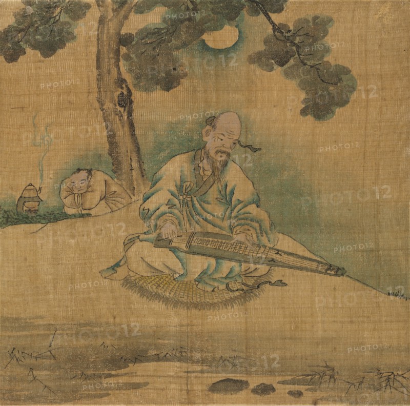 Scholar Playing a Qin, 1800s. Korea, Joseon dynasty (1392-1910). Album leaf; ink and color on silk; painting only: 23.5 x 23.8 cm (9 1/4 x 9 3/8 in.); overall: 26.5 x 26.5 cm (10 7/16 x 10 7/16 in.).