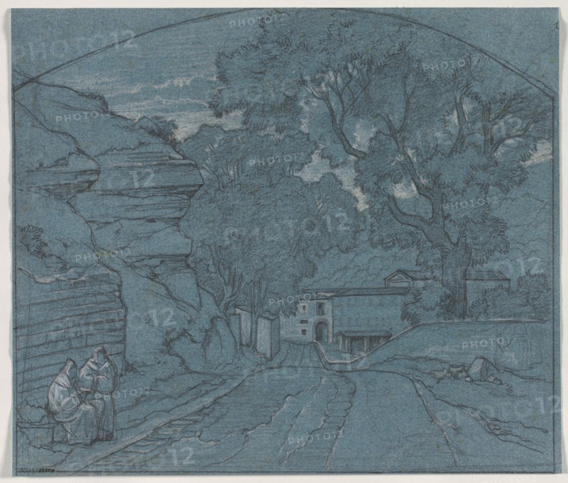 Landscape with Two Monks, c. 1840. François Edouard Bertin (French, 1797-1871). Graphite heightened with white chalk; framing lines (arched at top) in graphite; sheet: 27.4 x 32.2 cm (10 13/16 x 12 11/16 in.).