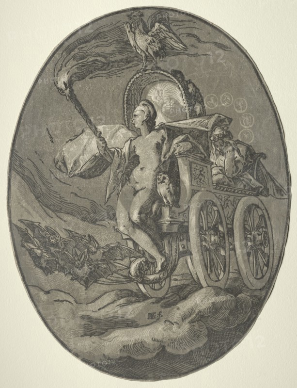 Seven Deities: Nox (Night), 1588-1590. Hendrick Goltzius (Dutch, 1558–1617). Chiaroscuro woodcut (in gray and black); sheet: 34.9 x 26.4 cm (13 3/4 x 10 3/8 in.); image: 34.6 x 26.2 cm (13 5/8 x 10 5/16 in.)