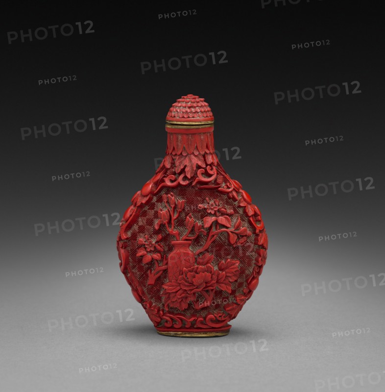 Snuff Bottle with Flowers, 1736-1795. China, Qing dynasty (1644-1912), Qianlong mark and reign (1735-1795). Carved cinnabar lacquer; overall: 7 cm (2 3/4 in.).