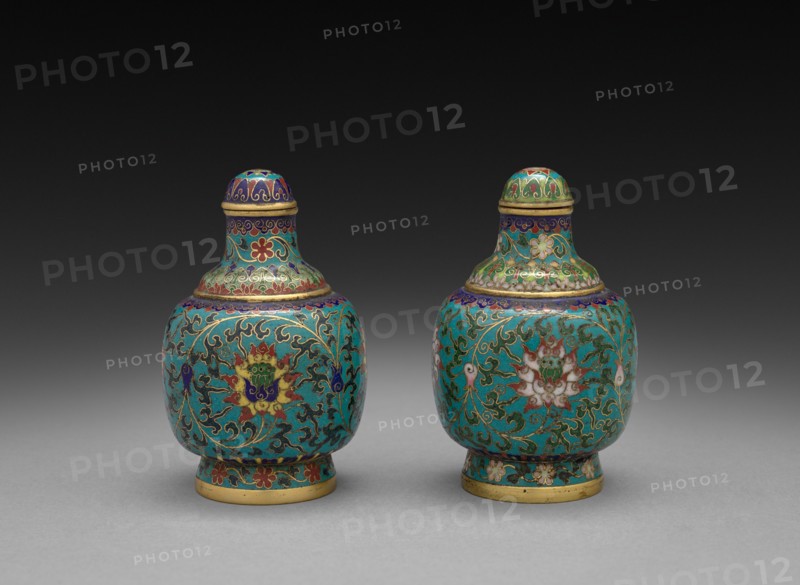 Pair of Snuff Bottles with Floral Scrolls, 1736-1795. China, Qing dynasty (1644-1912), Qianlong mark and reign (1735-1795). Cloisonné enamel; overall: 7 cm (2 3/4 in.).
