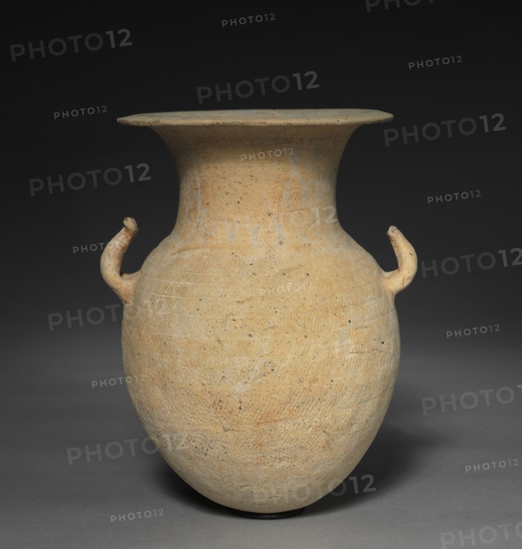 Jar with Horn-shaped Handles, 200s-400s. Korea, Silla period (57 BC-AD 676). Earthenware with incised decoration and color; overall: 23.5 cm (9 1/4 in.); diameter of mouth: 15.9 cm (6 1/4 in.); diameter with handles: 16.5 cm (6 1/2 in.).