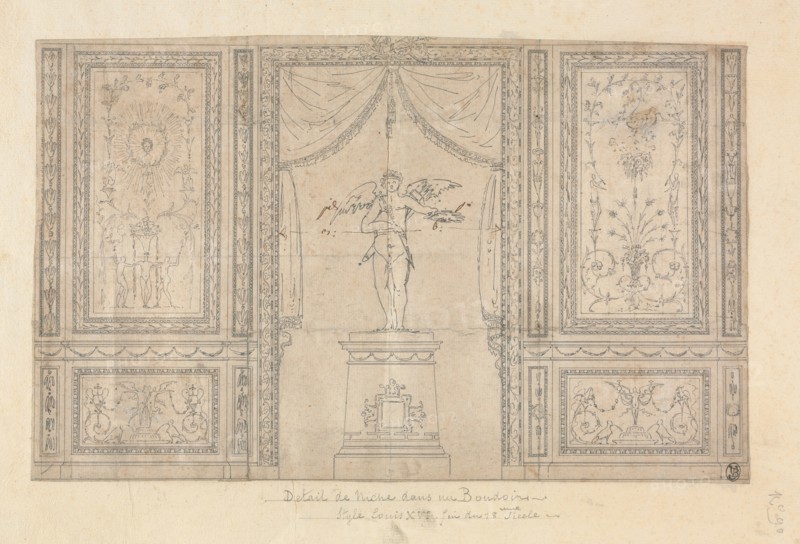 Statue of Cupid in a Wall Niche, late 18th century. Paolo Vincenzo Bonomini (Italian, 1757-1834). Pen and black ink (ruled in places) with traces of graphite, heightened with traces of white ; sheet: 20.2 x 32.8 cm (7 15/16 x 12 15/16 in.); secondary support: 27.2 x 40.1 cm (10 11/16 x 15 13/16 in.).