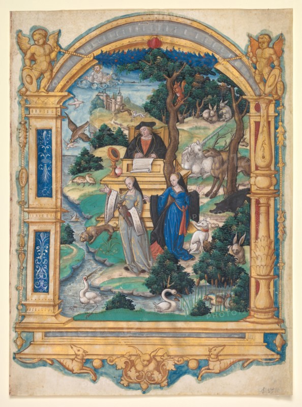 Frontispiece Miniature from the Manuscript of a Poem by Guillaume Crétin: Debate Between Two Women, c. 1537-1540. Master of Francis I (French). Ink, tempera, and liquid gold on vellum; sheet: 27.1 x 20.1 cm (10 11/16 x 7 15/16 in.)