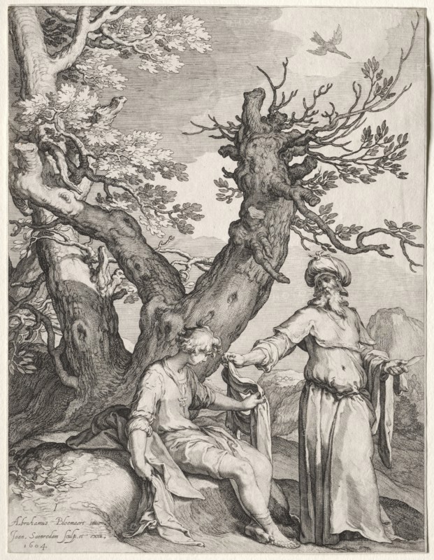Scenes of the Prophet Ahijah: Ahijah and Jeroboam, 1604. Jan Saenredam (Dutch, 1565-1607), Jan Saenredam (Dutch, 1565-1607), after Abraham Bloemaert (Dutch, 1564-1651). Engraving; sheet: 25.5 x 19.5 cm (10 1/16 x 7 11/16 in.)