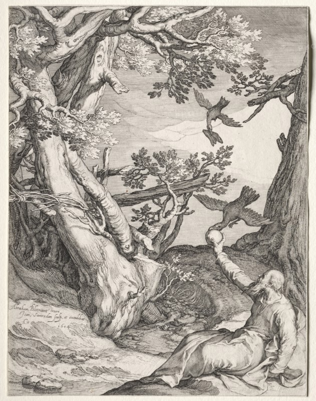 Scenes of the Prophet Elijah: Elijah in the Wilderness Fed by Ravens, 1604. Jan Saenredam (Dutch, 1565-1607), Jan Saenredam (Dutch, 1565-1607), after Abraham Bloemaert (Dutch, 1564-1651). Engraving; sheet: 25.5 x 19.5 cm (10 1/16 x 7 11/16 in.)