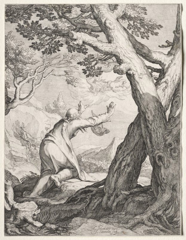 Scenes of the Prophet Elijah: Elisha and Elijah's Chariot of Fire, 1604. Jan Saenredam (Dutch, 1565-1607), Jan Saenredam (Dutch, 1565-1607), after Abraham Bloemaert (Dutch, 1564-1651). Engraving; sheet: 25.5 x 19.5 cm (10 1/16 x 7 11/16 in.)
