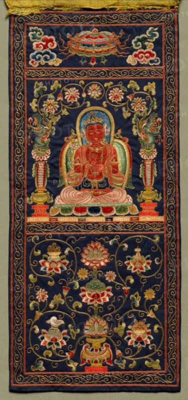Thangka with the Seventh Bodhisattva, 1368 - 1424. China, Ming dynasty (1368-1644). Embroidery, silk and gold thread on silk satin ground; overall: 44 x 21.5 cm (17 5/16 x 8 7/16 in.)