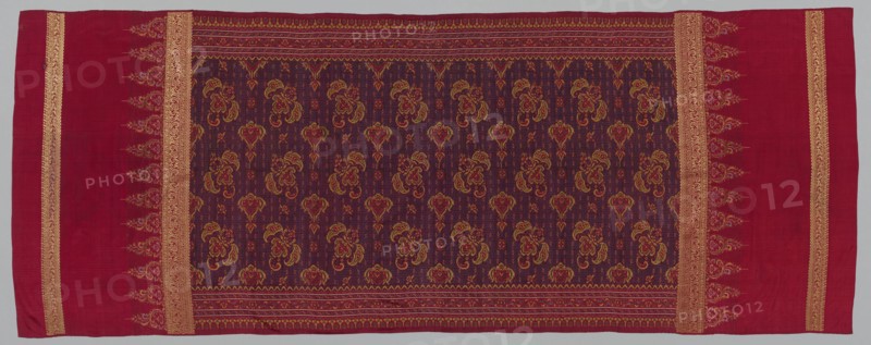 Shoulder Cloth, 1800s. Indonesia, Sumatra, Palembang, 19th century. Weft ikat and gold, tabby weave, brocaded; silk and gold; overall: 226 x 89.9 cm (89 x 35 3/8 in.)