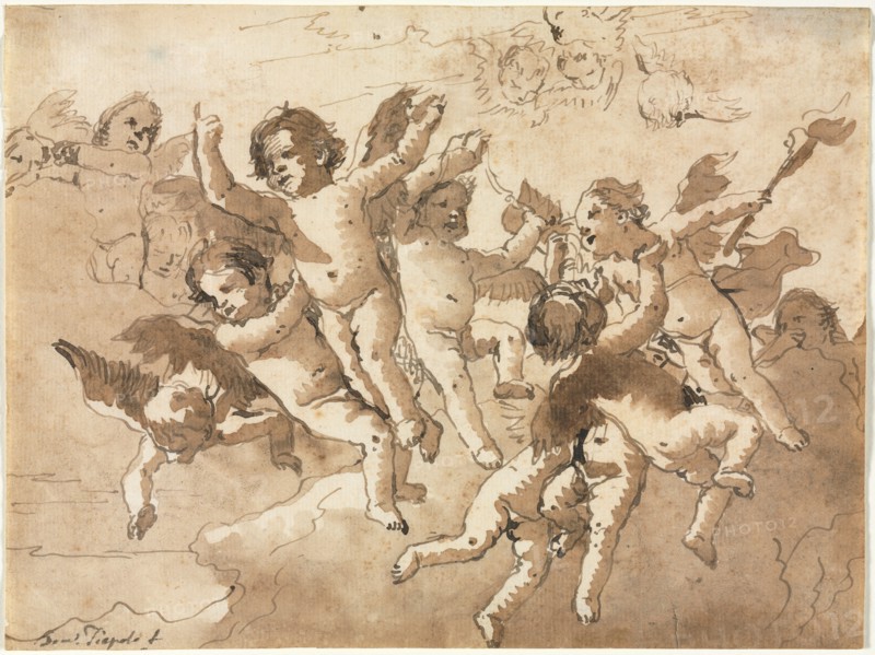 Cupid in the Clouds with Attendant Cherubs, 1757 or after. Giovanni Domenico Tiepolo (Italian, 1727-1804). Pen and brown ink and brush and brown wash; sheet: 18.4 x 24.6 cm (7 1/4 x 9 11/16 in.).