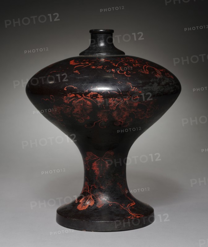 Sake Flask (pair), 1500s. Japan, Muromachi Period (1392-1573). Black laquered wood with red lacquer; diameter: 24 cm (9 7/16 in.); overall: 30.5 cm (12 in.).