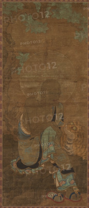 Rakkan (Arhat), 1300s. Japan, Kamakura period (1185-1333) to Nanbokucho period (1336-92). Hanging scroll; ink, color, and cut gold (kirikane) on silk; overall: 95.7 x 40 cm (37 11/16 x 15 3/4 in.).