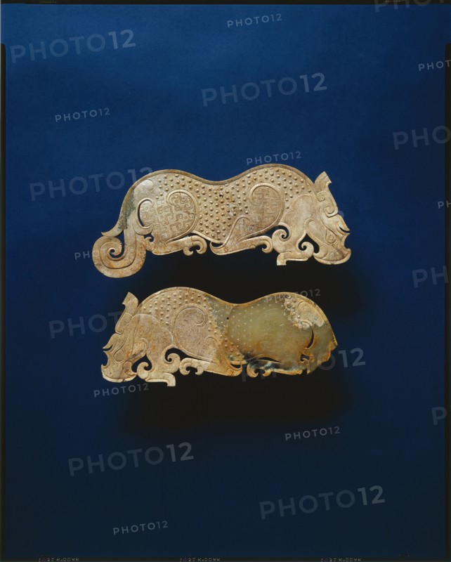 Pair of Jade Plaques, 475-221 BC. China, Henan province, Eastern Zhou dynasty (771-256 BC), Warring States period (475-221 BC). Nephrite; overall: 8.9 cm (3 1/2 in.); part 2: 8.7 cm (3 7/16 in.).