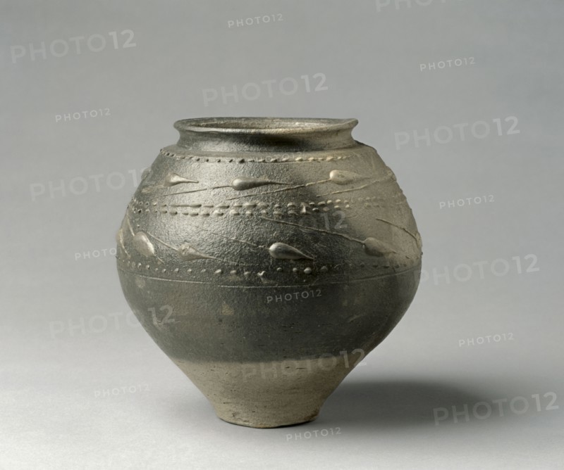 Globular Pot, 25-50. Rhenish (Cologne), Gallo-Roman, 2nd quarter 1st Century. Gray ware with black burnished slip and Barbotine decoration; diameter: 21 cm (8 1/4 in.); overall: 20.5 cm (8 1/16 in.).