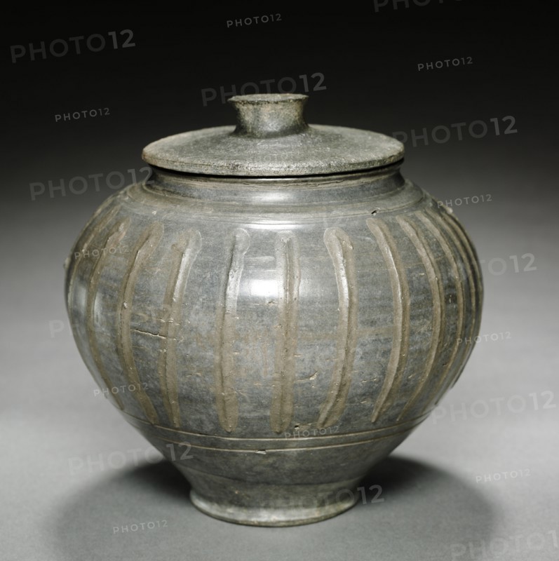 Pot with Cover, 100s. Rhenish (Cologne), Gallo-Roman, 2nd century. Tan ware with gray and some brown burnished slip; diameter: 15.6 cm (6 1/8 in.); overall: 13.1 cm (5 3/16 in.); lid: 2.2 x 9.8 cm (7/8 x 3 7/8 in.).