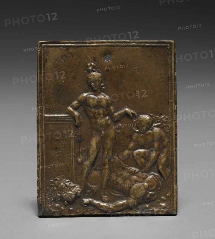 David Triumphant over Goliath, late 1400s - early 1500s. Moderno (Italian, 1467-1528). Bronze; overall: 7 x 5.8 cm (2 3/4 x 2 5/16 in.).