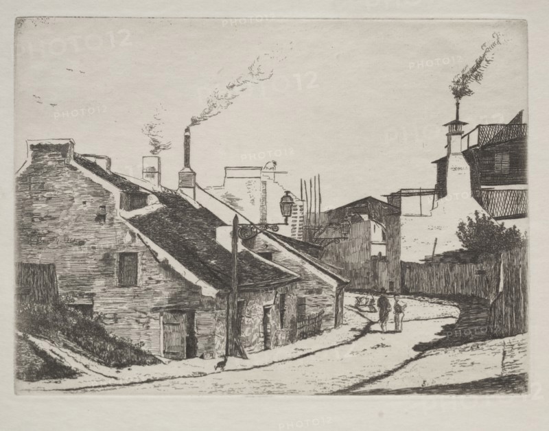 the series, Six Eaux-Fortes, Desinées et Gravées par F. Bonvin, Peintre (fifth of six etchings): Country Street in Alouette, 1861. François Bonvin (French, 1817-1887), Published by François Bonvin; Printed by Auguste Delâtre. Etching; sheet: 17.9 x 26.3 cm (7 1/16 x 10 3/8 in.); plate: 13.6 x 18.6 cm (5 3/8 x 7 5/16 in.)