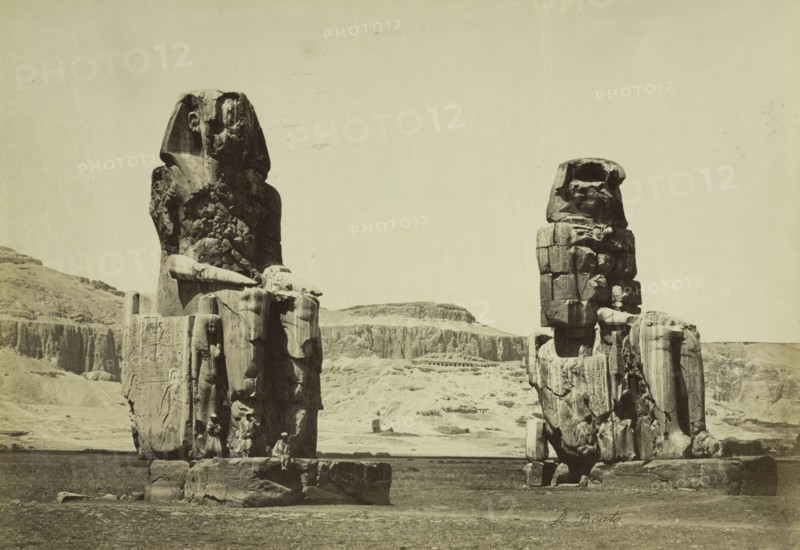 The Colossi of Memnon, Thebes, c. 1860s. Antonio Beato (British, c. 1825-1903). Albumen print from wet collodion negative; image: 26.4 x 38.3 cm (10 3/8 x 15 1/16 in.); matted: 45.7 x 55.9 cm (18 x 22 in.)