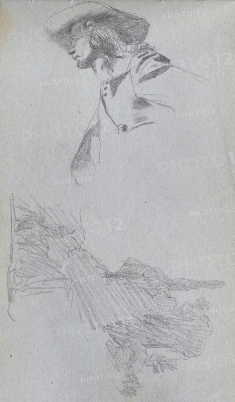 Sketchbook, page 27: Detail Study for " On a Terrace" and Landscape Study. Ernest Meissonier (French, 1815-1891). Graphite