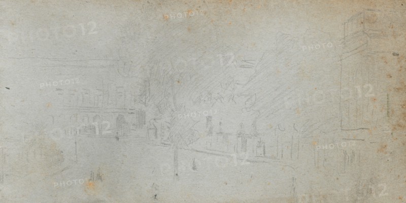 Sketchbook, page 01: Street Scene, 1905-10. Ernest Meissonier (French, 1815-1891). Graphite; sheet: 18.8 x 11.5 cm (7 3/8 x 4 1/2 in.).