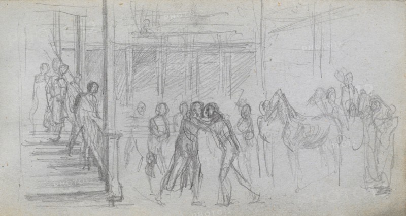 Sketchbook, page 62: Figure Study, Stairway, Horse. Ernest Meissonier (French, 1815-1891). Graphite;