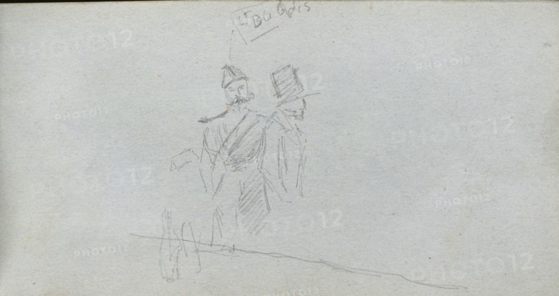 Sketchbook, page 38: Study of a Solider and Figure in Top Hat. Ernest Meissonier (French, 1815-1891). Graphite;