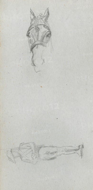 Sketchbook, page 69: Study of a Hand, a Horse, and a Figure. Ernest Meissonier (French, 1815-1891). Graphite