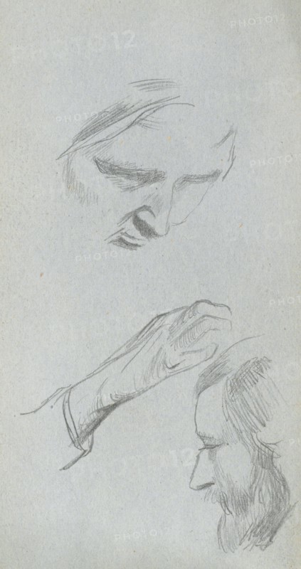 Sketchbook, page 70: Study of Two Faces and a Hand. Ernest Meissonier (French, 1815-1891). Graphite;