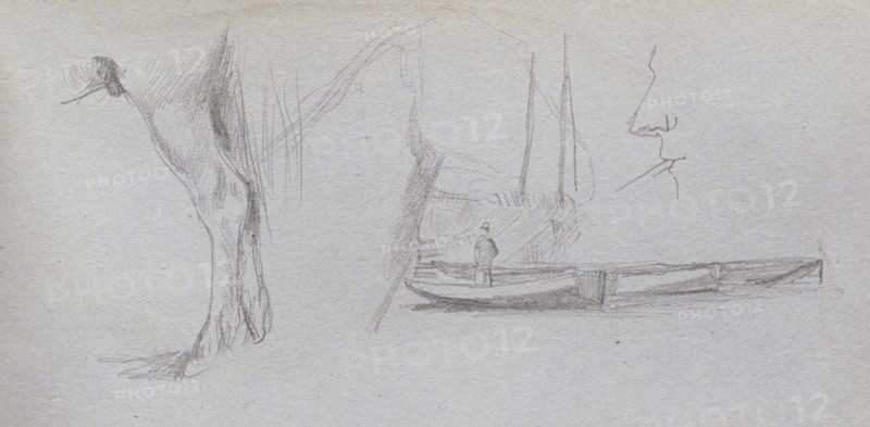 Sketchbook, page 43: Studies: Horse's leg, Figure in a Boat, and Profile. Ernest Meissonier (French, 1815-1891). Graphite