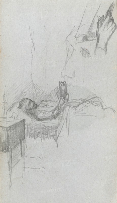 Sketchbook, page 71: Study of a Figure Reading in Bed, Study of a Hand. Ernest Meissonier (French, 1815-1891). Graphite;