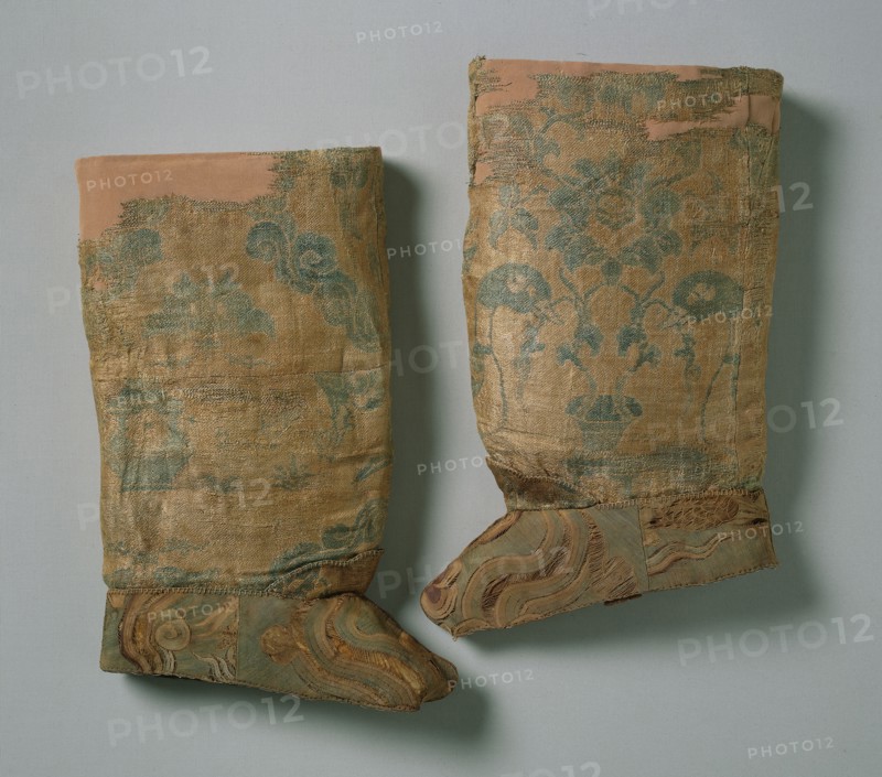 Pair of Boots, 1000 - 1125. China, Northern, Liao dynasty (907-1125). Compound twill, silk; tapestry, silk and gold; tabby, silk; gauze, silk; silk batting; leather; overall: 34.9 x 25 cm (13 3/4 x 9 13/16 in.).