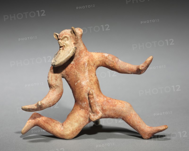 Dancing Satyr, 500-475 BC. Greece, Boeotia, early 5th Century BC. Painted terracotta; overall: 8.4 x 11 x 5.6 cm (3 5/16 x 4 5/16 x 2 3/16 in.).