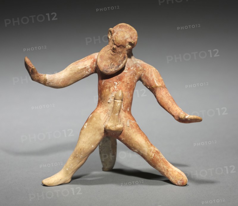 Dancing Satyr, 500-475 BC. Greece, Boeotia, early 5th Century BC. Painted terracotta; overall: 9.8 x 10.8 x 4.7 cm (3 7/8 x 4 1/4 x 1 7/8 in.).