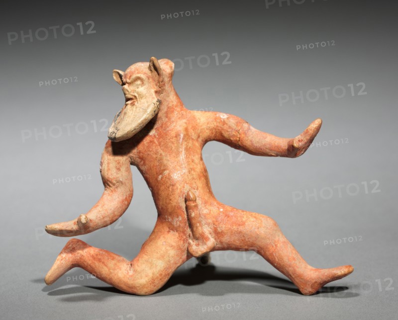 Dancing Satyr Group, 500-475 BC. Greece, Boeotia, early 5th Century BC. Painted terracotta; overall: 8.4 x 11 x 5.6 cm (3 5/16 x 4 5/16 x 2 3/16 in.).