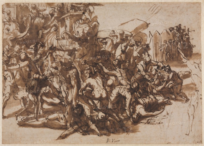Poros Assailed by the Macedonian Army (recto); Sketches of Animals (verso), c. 1545/47. Perino del Vaga (Italian, 1500/01-1547). Pen and brown ink (iron gall) and brush and brown wash; framing lines in gold paint; sheet: 19.3 x 27.4 cm (7 5/8 x 10 13/16 in.); secondary support: 22.5 x 30.5 cm (8 7/8 x 12 in.).