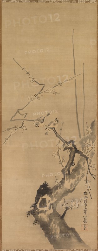 Sparrows on Blossoming Plum, 17th century. Attributed to Kano Tan’yu (Japanese, 1602-1674). Hanging scroll; ink and slight color on silk; painting only: 97.5 x 37.5 cm (38 3/8 x 14 3/4 in.); including mounting: 181.9 x 54 cm (71 5/8 x 21 1/4 in.).