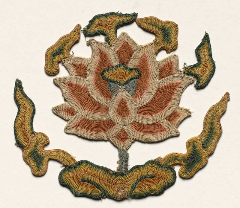 Fragment of Flower in Bowl, 1300s. China, 14th century. Embroidery, needlelooping; silk and gold thread, silvered and gilded paper; overall: 8.5 x 9.1 cm (3 3/8 x 3 9/16 in.).