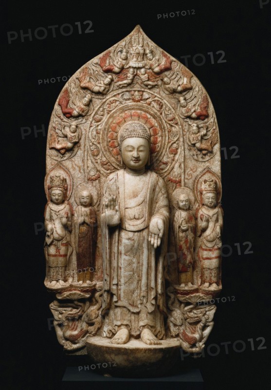 Stele with Shakyamuni and Maitreya, c. 570s. China, Northern Qi dynasty (550-577). Marble with polychromy; overall: 119 cm (46 7/8 in.).