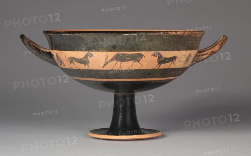 Band Cup, c. 540 BC. Greece, 6th Century BC. Black-figure terracotta; diameter: 20.3 cm (8 in.); overall: 13.7 x 26.5 cm (5 3/8 x 10 7/16 in.); diameter of foot: 9.5 cm (3 3/4 in.).