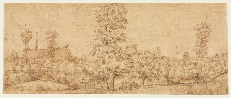 Trees before a Village, third quarter 17th century. Attributed to Jan Lievens (Dutch, 1607-1674). Point of brush and brown ink and brush and brown wash over traces of black chalk; framing lines in brown ink (bottom and right edges); sheet: 13.8 x 33.7 cm (5 7/16 x 13 1/4 in.).