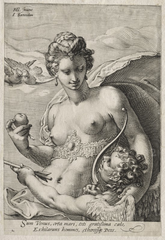 Three Goddesses: Venus and Cupid, c. 1595. Jan Saenredam (Dutch, 1565-1607), after Hendrick Goltzius (Dutch, 1558–1617). Engraving