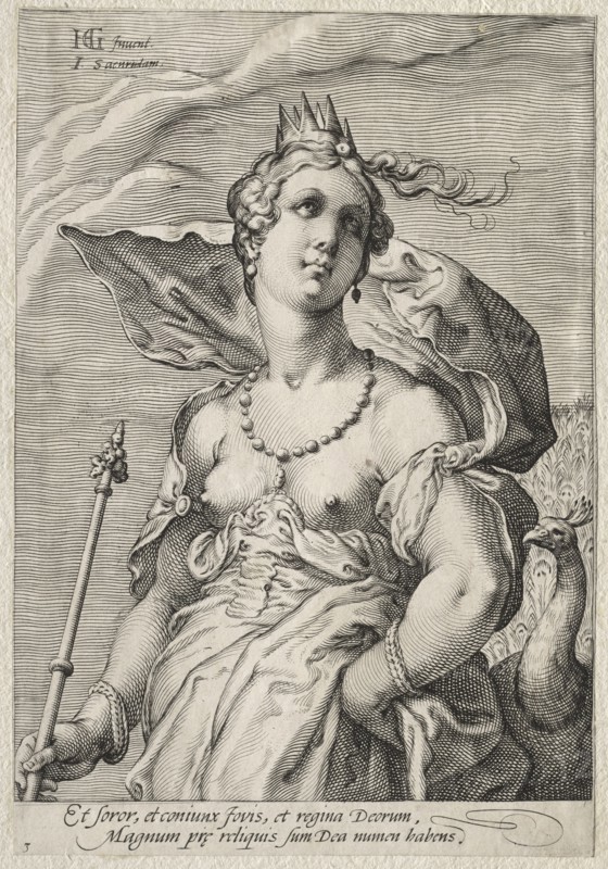 Three Goddesses: Juno, c. 1595. Jan Saenredam (Dutch, 1565-1607), after Hendrick Goltzius (Dutch, 1558–1617). Engraving