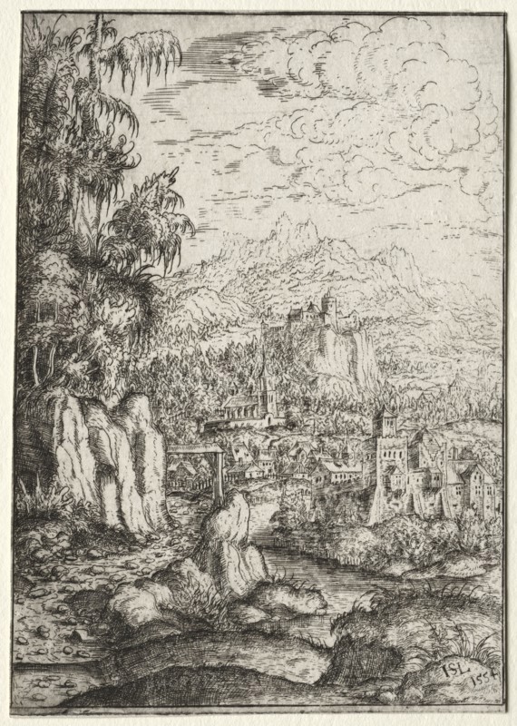 Landscape with a Road to a Castle on an Island in a River, 1554. Hanns Lautensack (German, 1524-1566). Etching