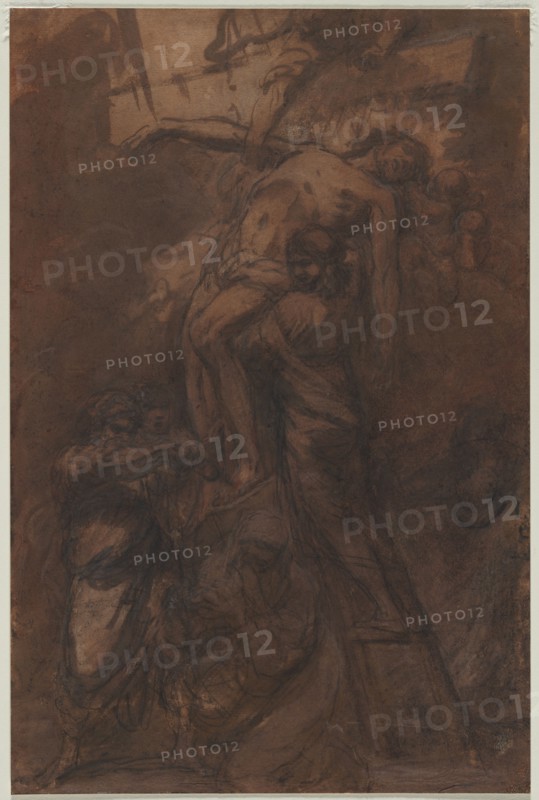 Descent from the Cross, 1600s. Anonymous. Black chalk or crayon, and brush and brown wash, with traces of red chalk heightened with white gouache; framing lines in black ink (bottom); sheet: 42.5 x 28.1 cm (16 3/4 x 11 1/16 in.); secondary support: 42.5 x 28.1 cm (16 3/4 x 11 1/16 in.).