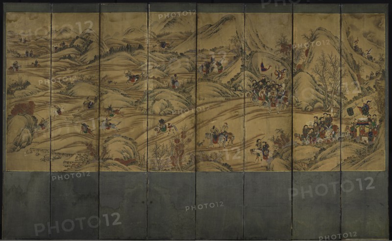 Hunting Scene, 1750s-1800s. Korea, Joseon dynasty (1392-1910). Eight-fold screen, ink and color on silk; overall: 214.6 x 345.4 cm (84 1/2 x 136 in.).