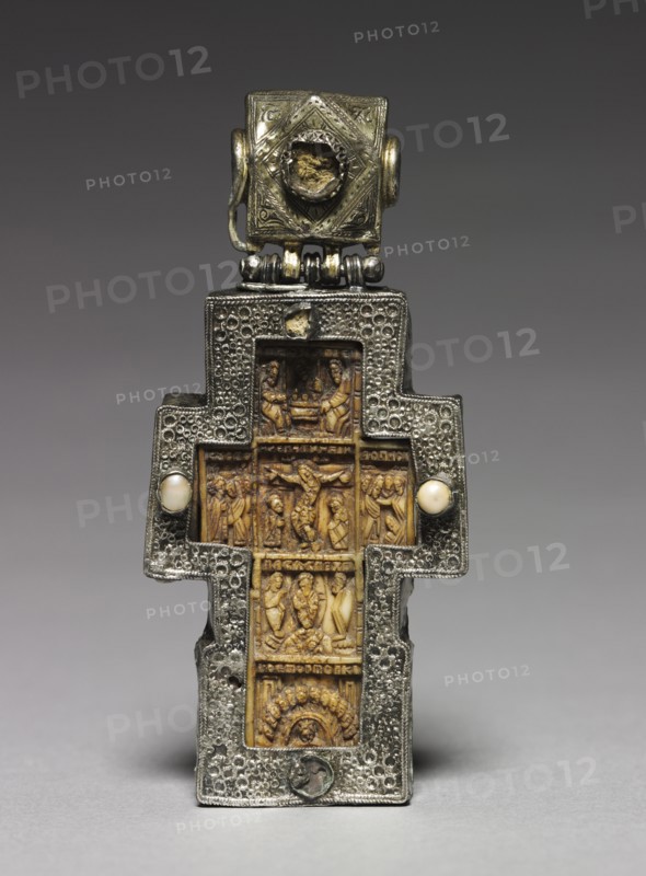 Pectoral Cross, 1600s. Byzantium, Russia, Byzantine period, 17th century. Walrus ivory, wood, partially gilt silver and pearls; overall: 10.5 x 5 x 1.7 cm (4 1/8 x 1 15/16 x 11/16 in.).